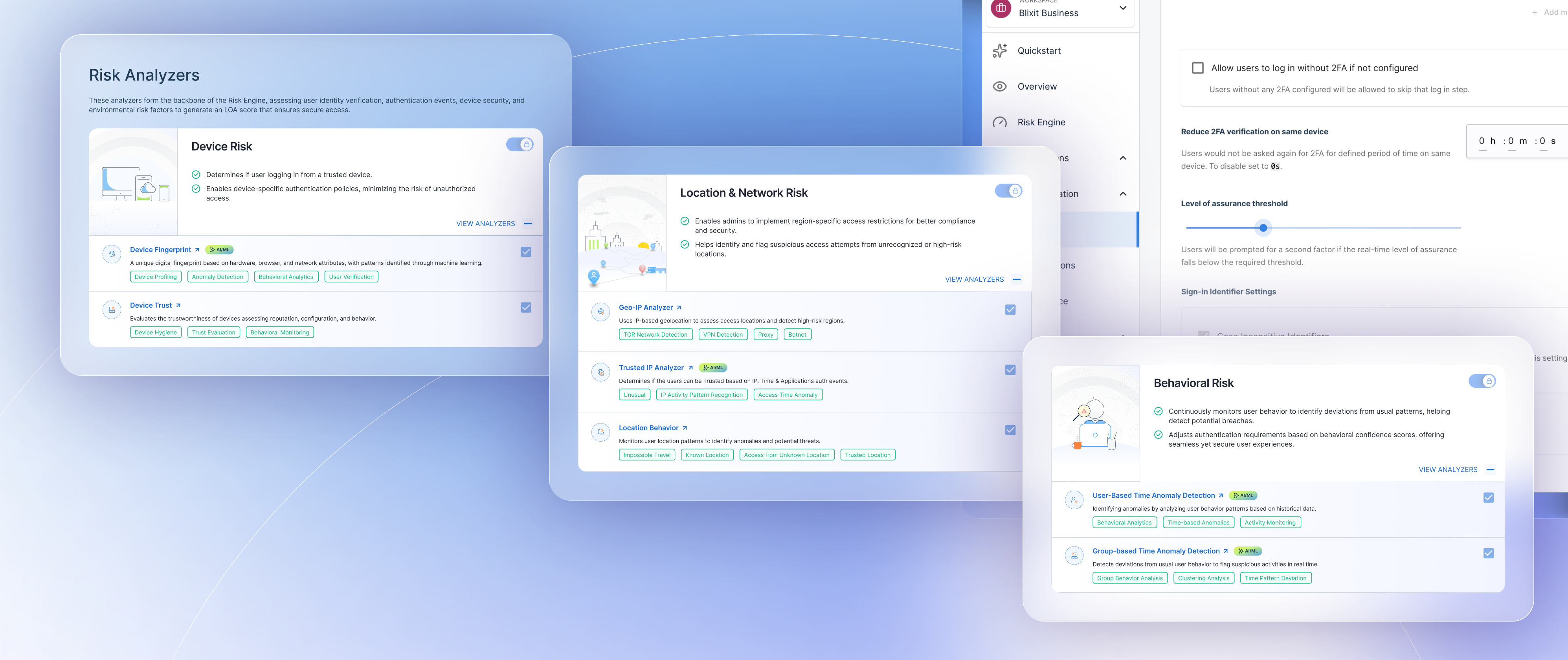 Risk Analyzers configuration panel showing device risk, location and network risk, and behavioral risk settings with adjustable authentication friction levels