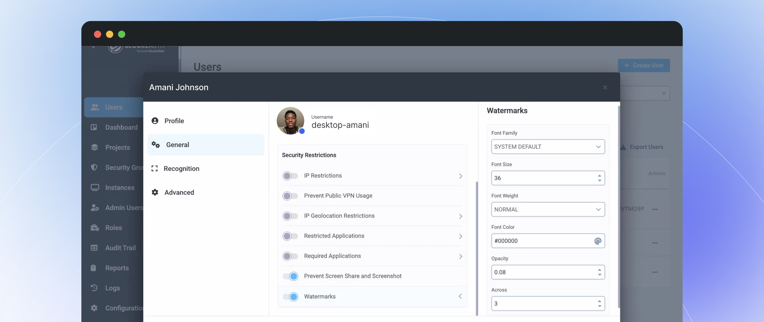Presence Authority session-level security controls including watermarks, screen share prevention, and application restrictions