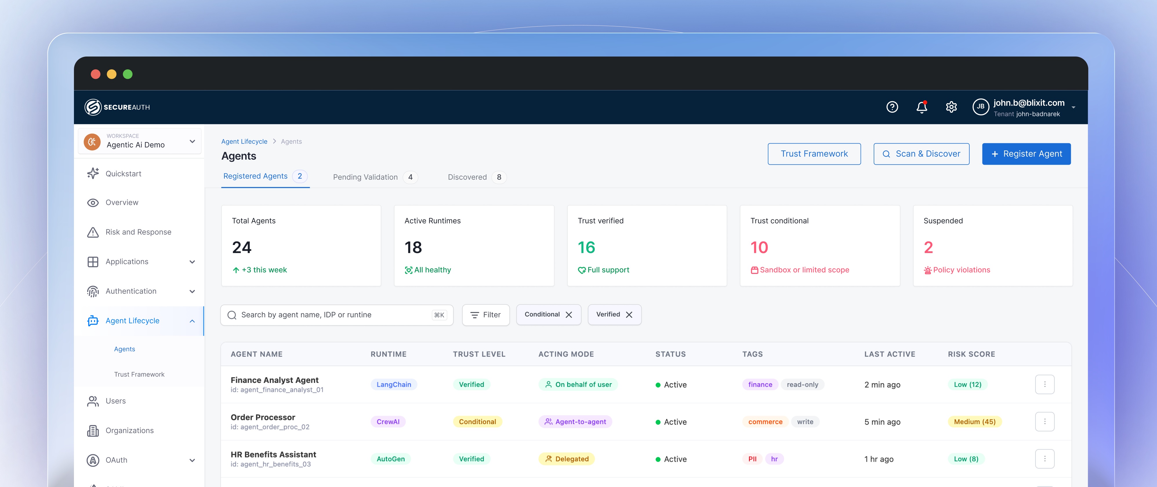 SecureAuth agent registry dashboard showing registered agents, trust levels, and risk scores