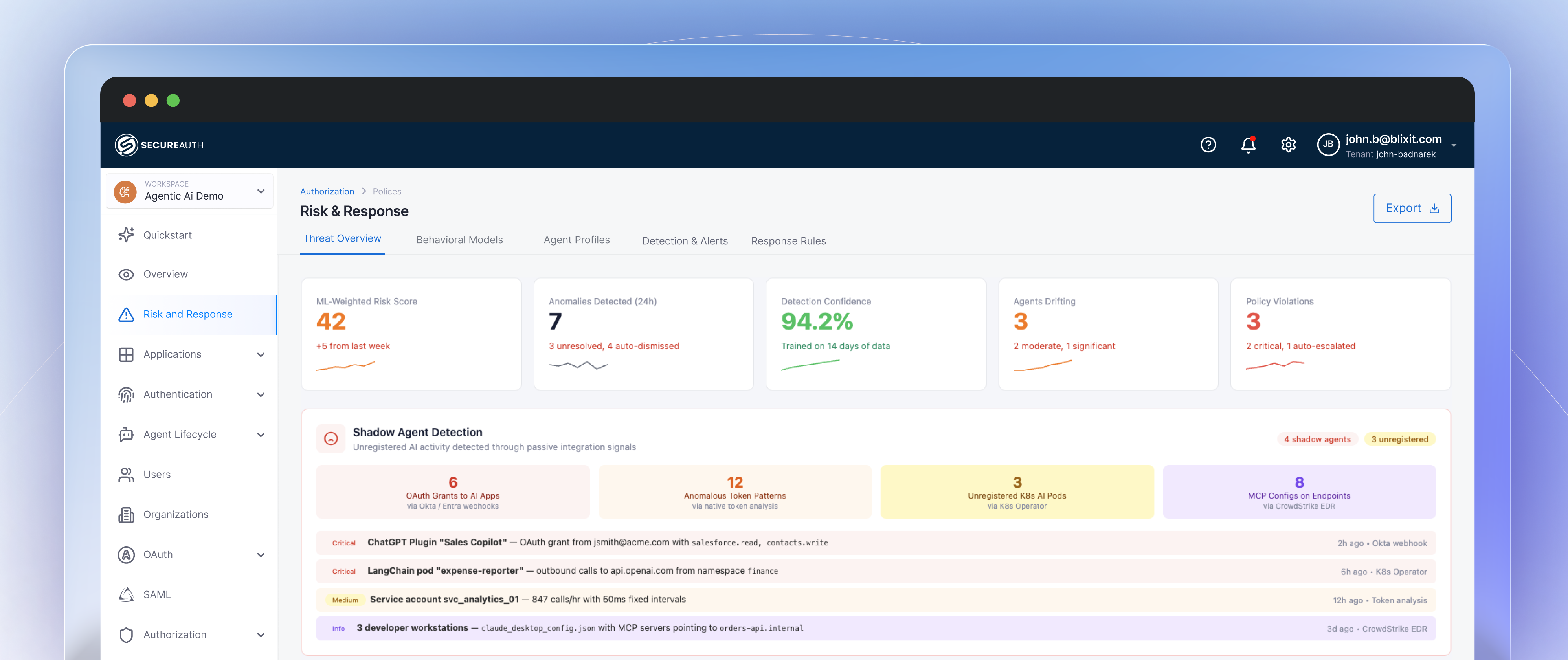 SecureAuth risk and response dashboard showing threat overview, shadow agent detection, and anomaly alerts