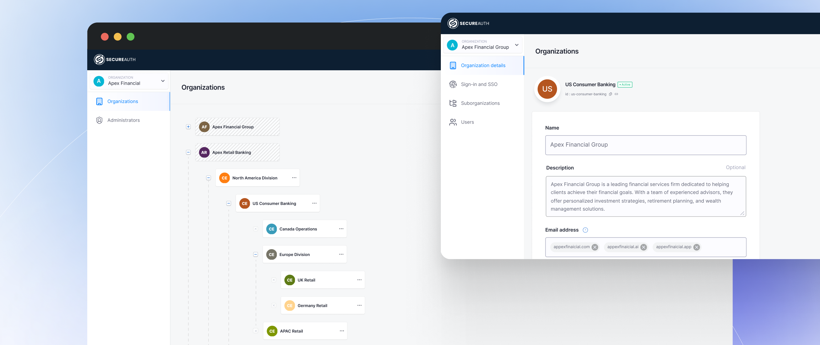 SecureAuth B2B Authority multi-org hierarchy management interface showing nested organizations with policy inheritance