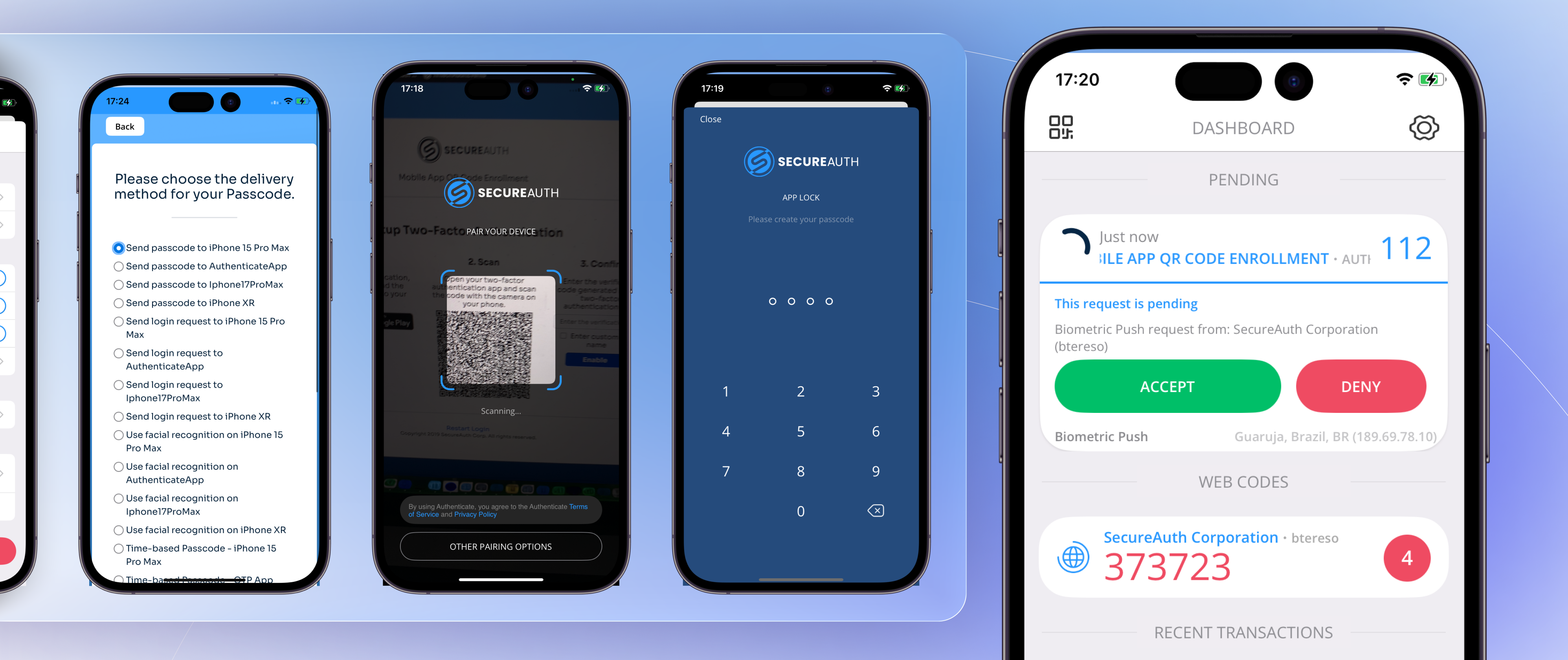 SecureAuth mobile app showing passkey delivery methods, QR code pairing, and biometric push authentication
