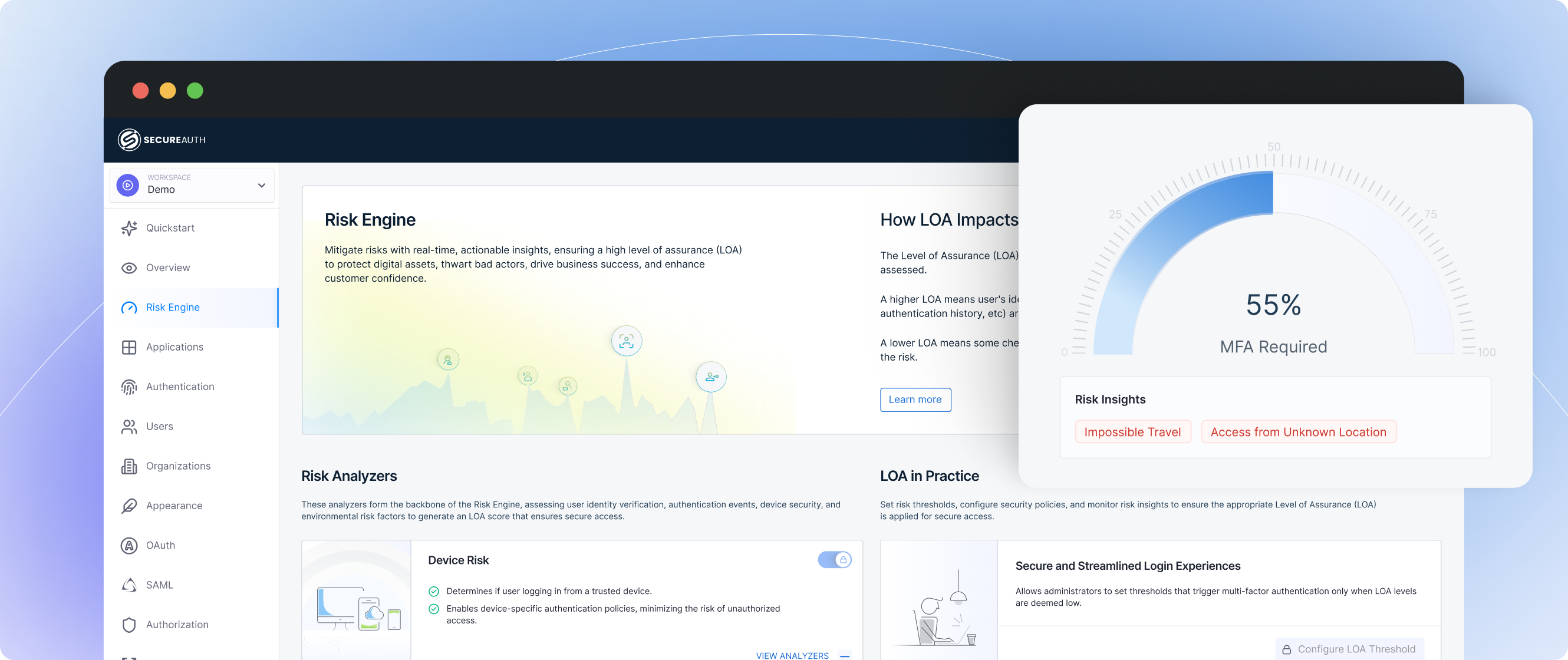 Risk engine dashboard with real-time LOA scoring and risk analyzers
