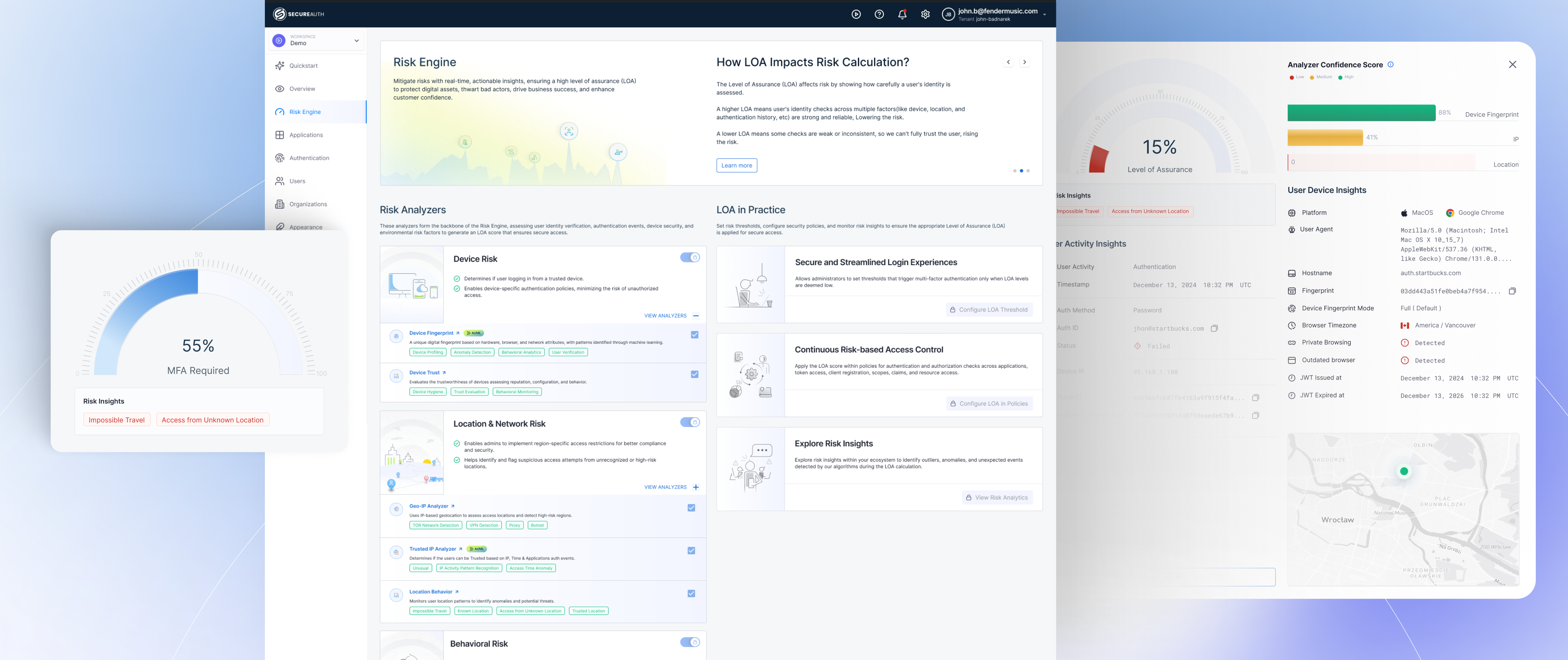 Risk Engine dashboard showing LOA risk scoring, device risk analyzers, location and network risk details, and behavioral risk indicators for mid-session threat detection
