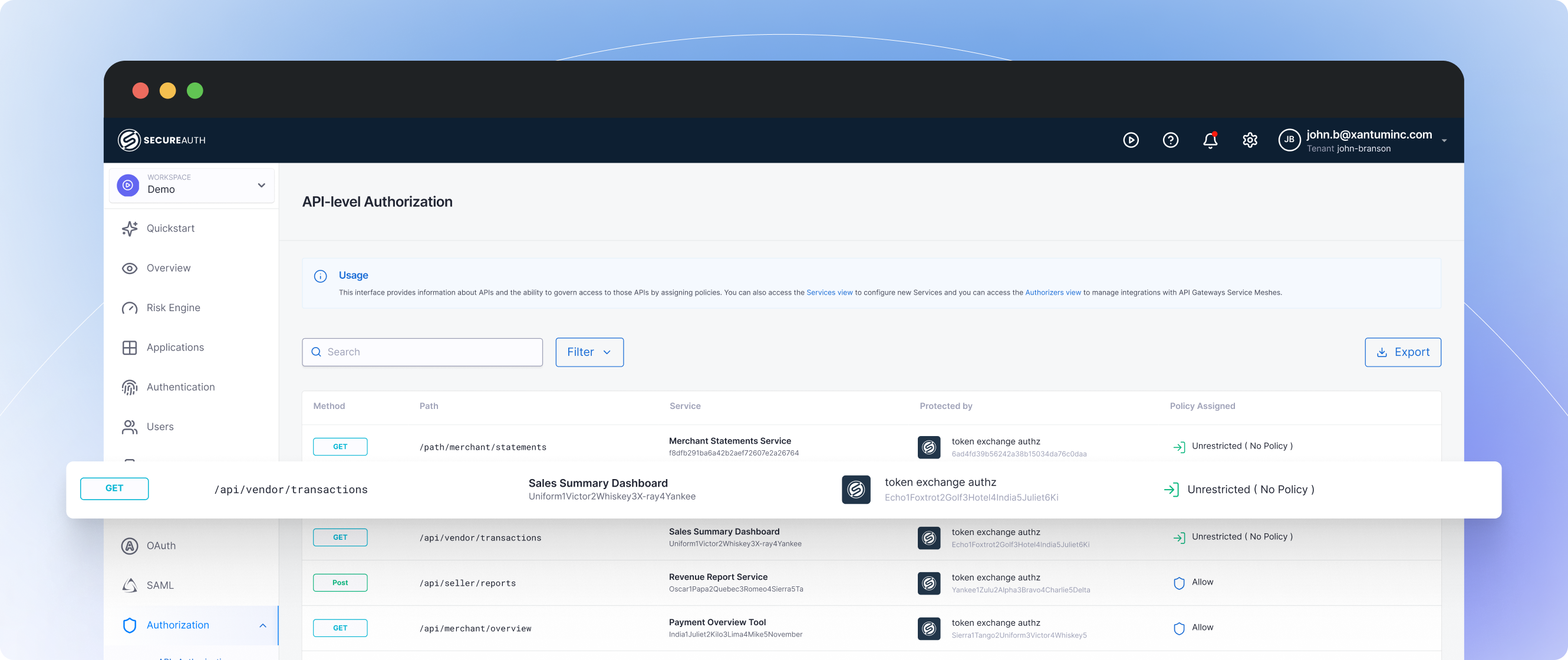 API-level authorization interface showing transaction-scoped access policies