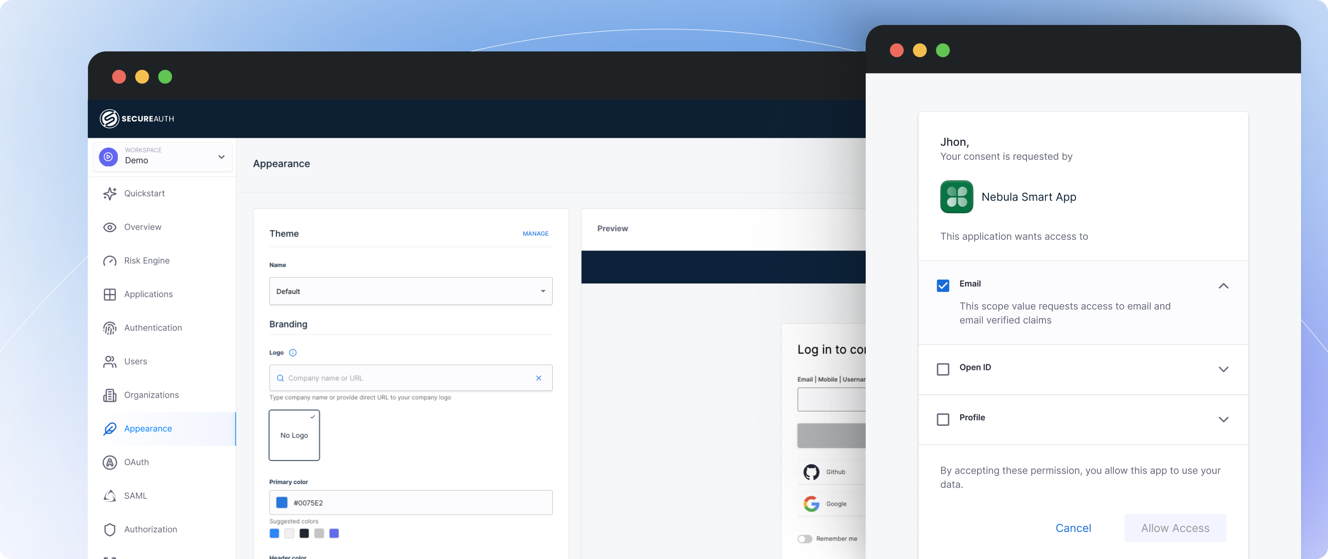 White-label branding customization with appearance settings and consent management