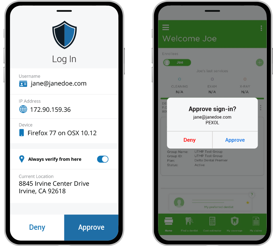 White-label SecureAuth Mobile Auth SDK embedded in a branded customer-facing mobile app, showing push authentication notification (ADT Security Services). White-label SecureAuth Mobile Auth SDK embedded in a branded customer-facing mobile app, showing push authentication notification (ADT Security Services).