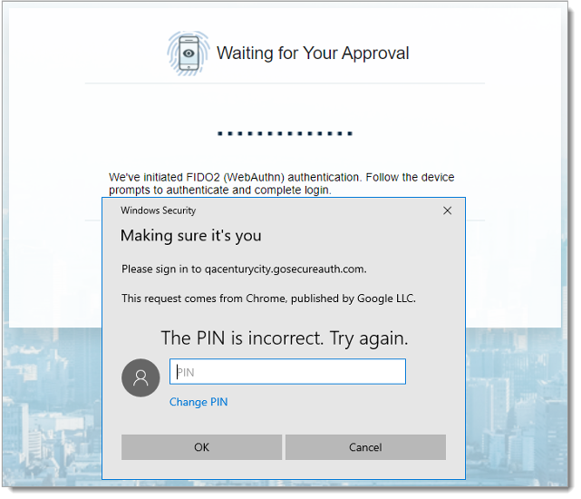 SecureAuth FIDO2 WebAuthn login with PIN protection